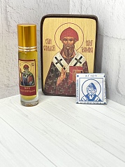 Набор малый. Икона Св. Спиридон (в коричневом кафтане), 6*9 см, миро и филахто