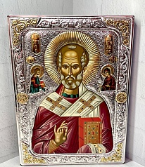 Серебряная икона Св. Николай Чудотворец с поясными изображениями Христа и Богоматери. Размер 12*15см.