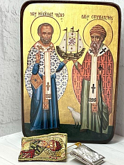 Икона Св. Спиридона Тримифунтского и Св. Николая Чудотворца,  Мирликийского, 8,5*12,5 см.