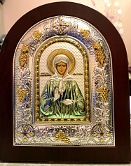Икона Матрона Московская, греческая икона в посеребренном окладе.