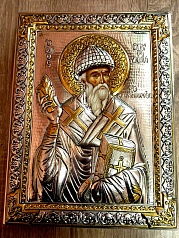 Серебряная икона Святителя Спиридона из острова Корфу. Размер 20 на 27 см.