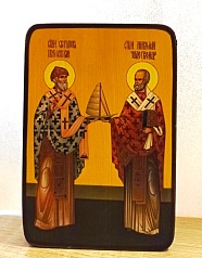 Икона Св. Спиридона Тримифунтского и Св. Николая Чудотворца, Мирликийского, 6*9 см.